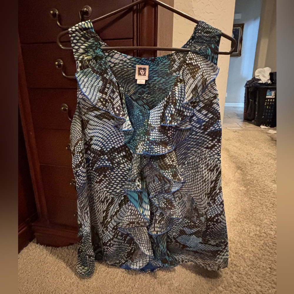 Anne Klein Blue and Black Ruffle-Front Camisole